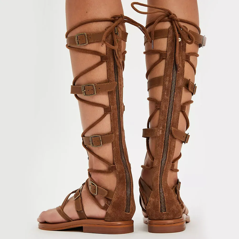 Brown Open Toe Flat Gladiator Lace-Up Summer Sandals with Buckle Nicepairs