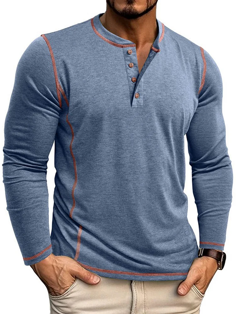 Men's Fashionable Solid Color Casual and Comfortable Long Sleeve Henley Shirt