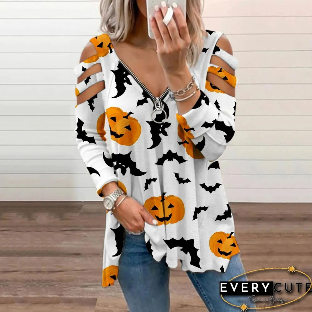 Halloween Print Cold Shoulder Blouse