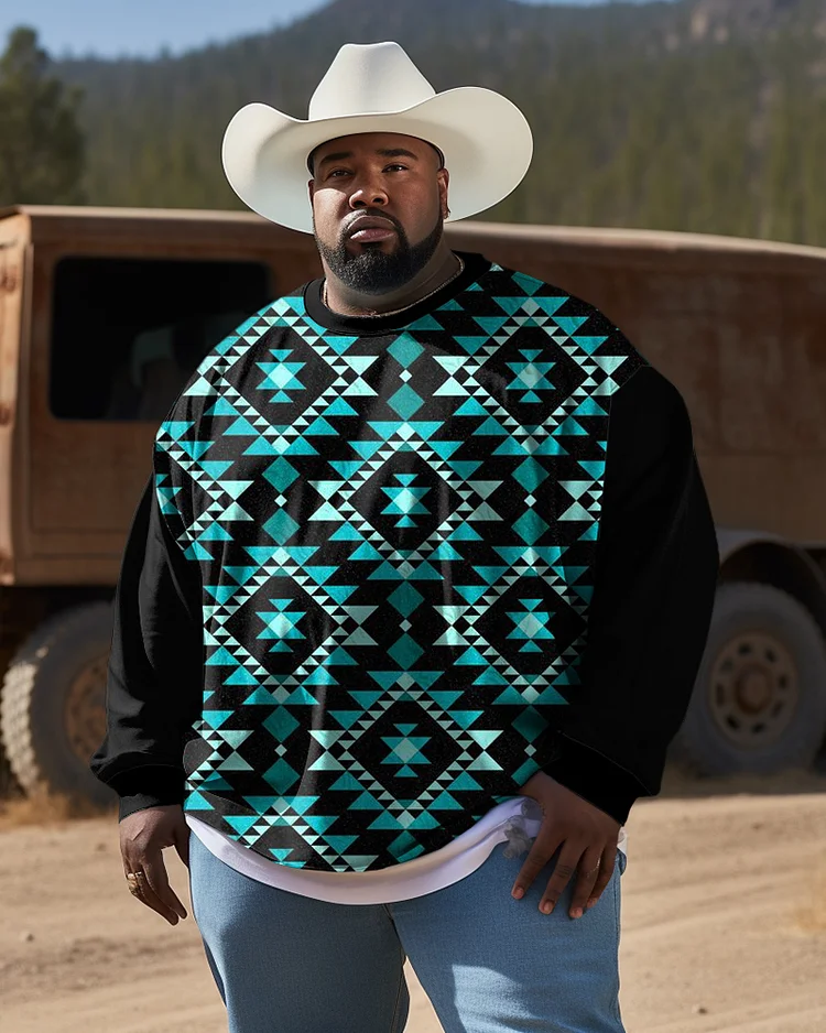 Men's Plus Size Diamond Color Block Western Ethnic Style Long Sleeve Sweatshirt