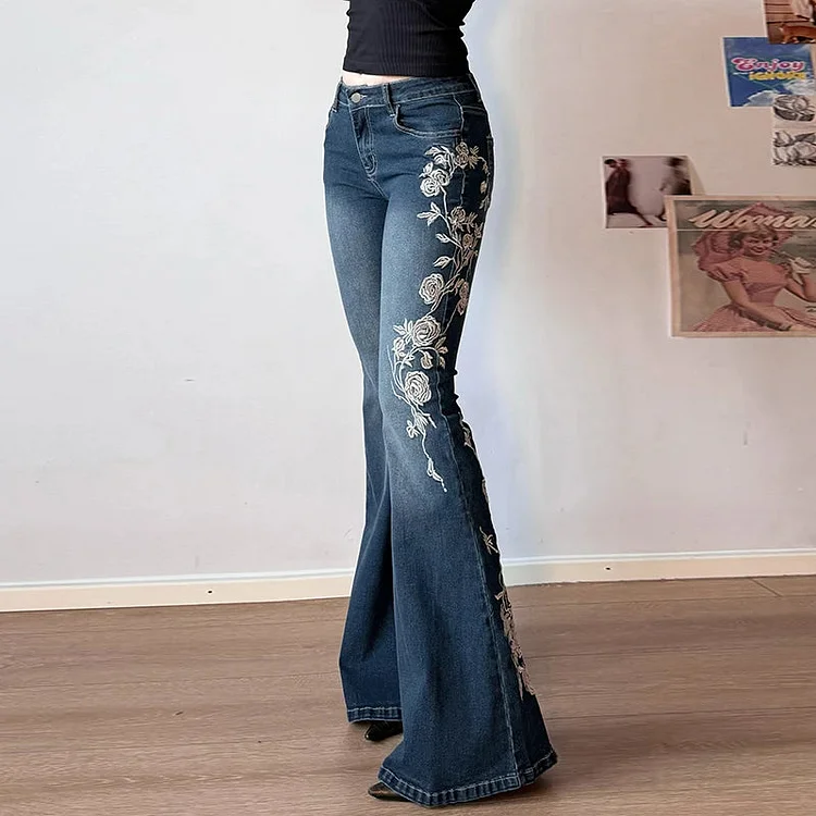 Rose Embroidered Gothic Flare Pant