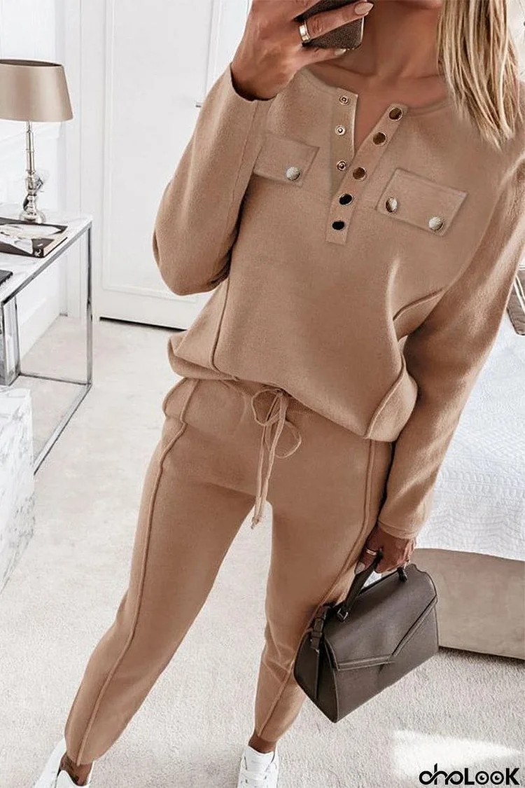 Casual Buckle Solid Color V Neck Long Sleeve Two Pieces(3 Colors)