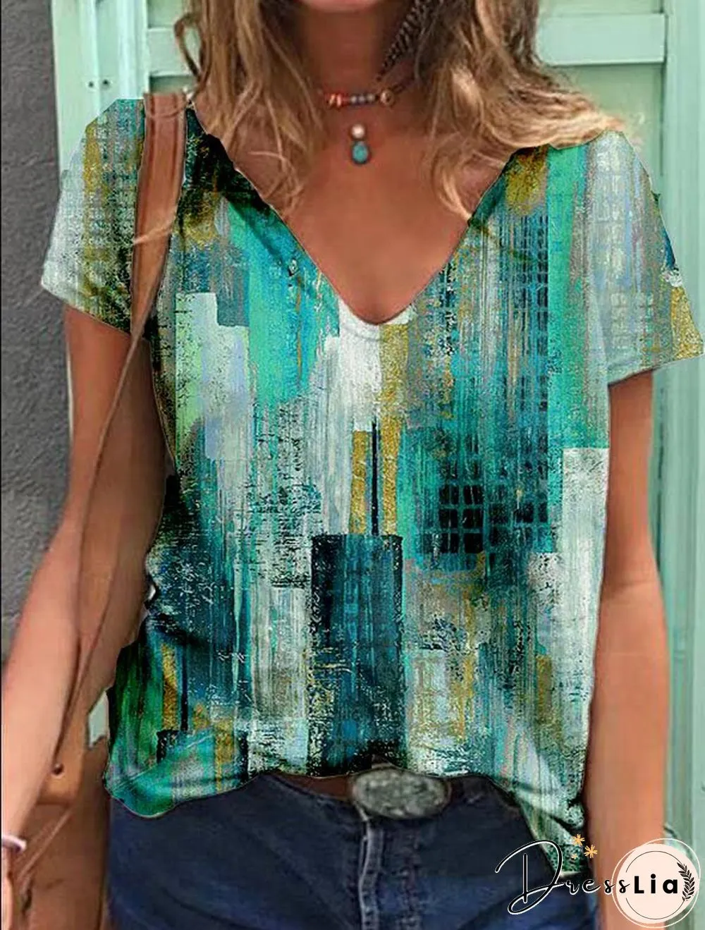 Casual Floral-Print Geometric V Neck T-shirt