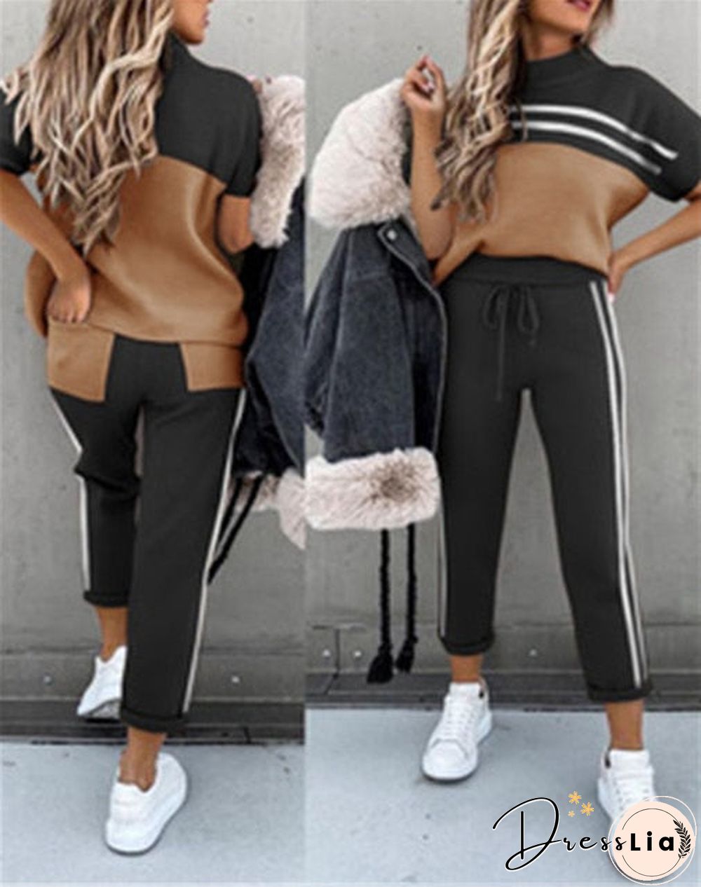 Women Summer Casual Loose 2 Piece Set Side Stripes Drawstring Design Pockets Decor Mid Waist Long Pants+O-Neck Short Sleeve Top