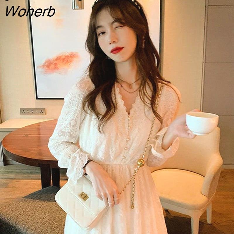 Woherb Spring Lace Vintage Fairy Dress Women Elegant Flare Sleeve Korean Party Midi Dress Casual Office Lady Slim Y2k Kawaii Dress