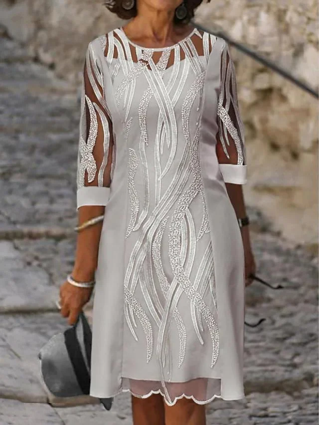 Women's Round Neck Mesh Solid Color Dress
