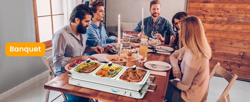 Product Introduction of COSTWAY Buffet Servers and Warmers, 2 in 1 Electric Warming Tray, 450W Stainless Steel Chafing Dish with Temperature Control, 3 Serving Trays, 8 Qt Food Warmers Station for Parties Banquets Events-Deals for You Days 9