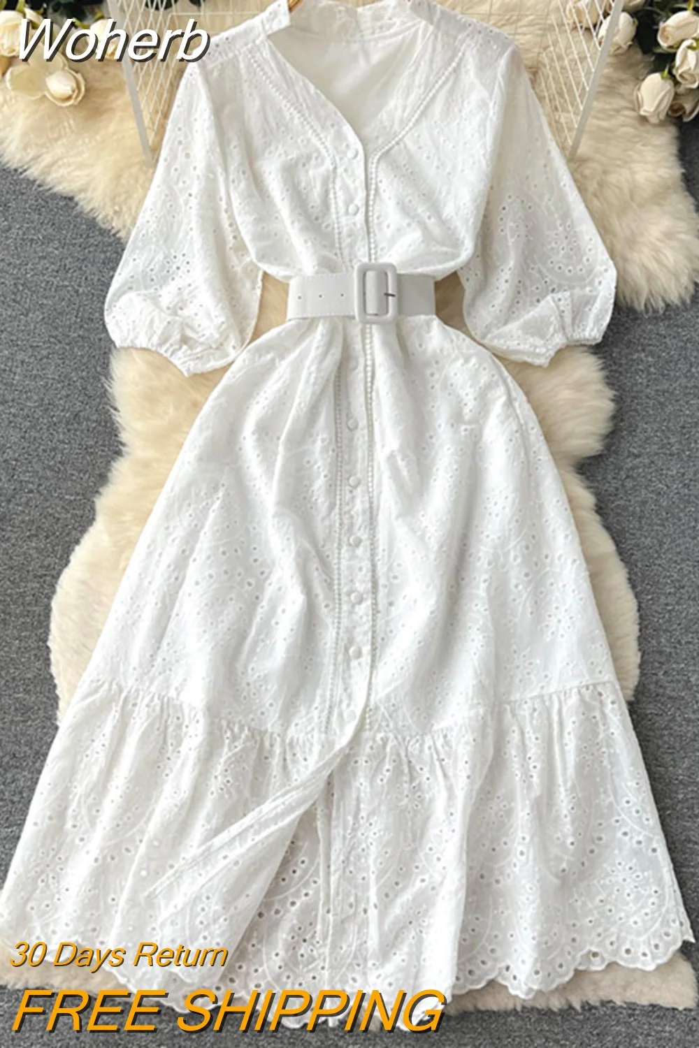 Woherb Cutwork Long Dress for Women Embroidery Cotton Maxi Dress Summer V-neck Puff Sleeve Casual Dress Female With Belt-Outfit Ideas