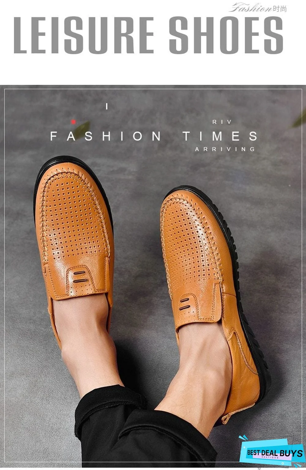 New Openwork Men Black Loafer Perforated Shoes Leather Flats Driving Shoes Business Men's Shoes