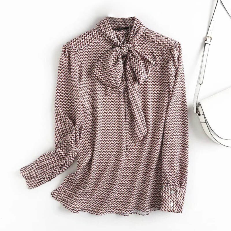 Aachoae Vintage Printed Office Wear Blouse Shirt Women Bow Tie Collar Long Sleeve Chic Tops Ladies Casual Loose Blouses