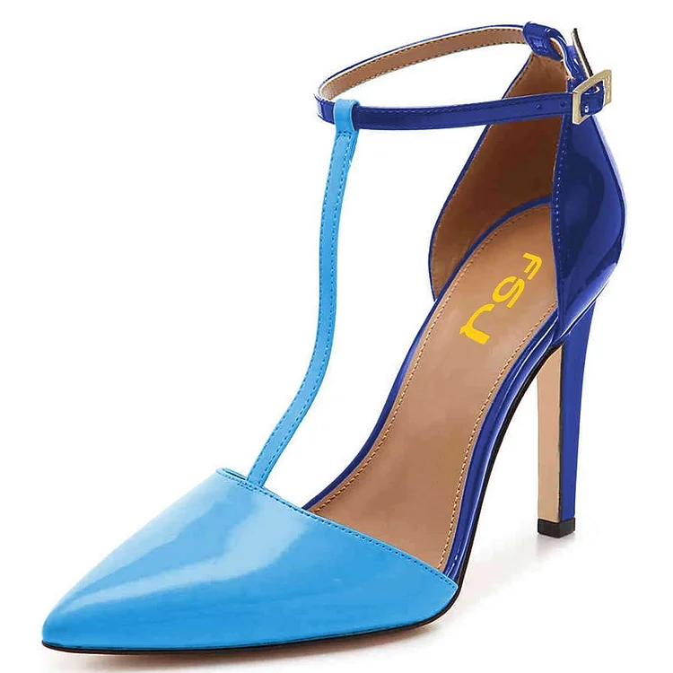 Blue T Strap Stiletto Heels Pointy Toe Patent Leather Pumps |FSJ Shoes