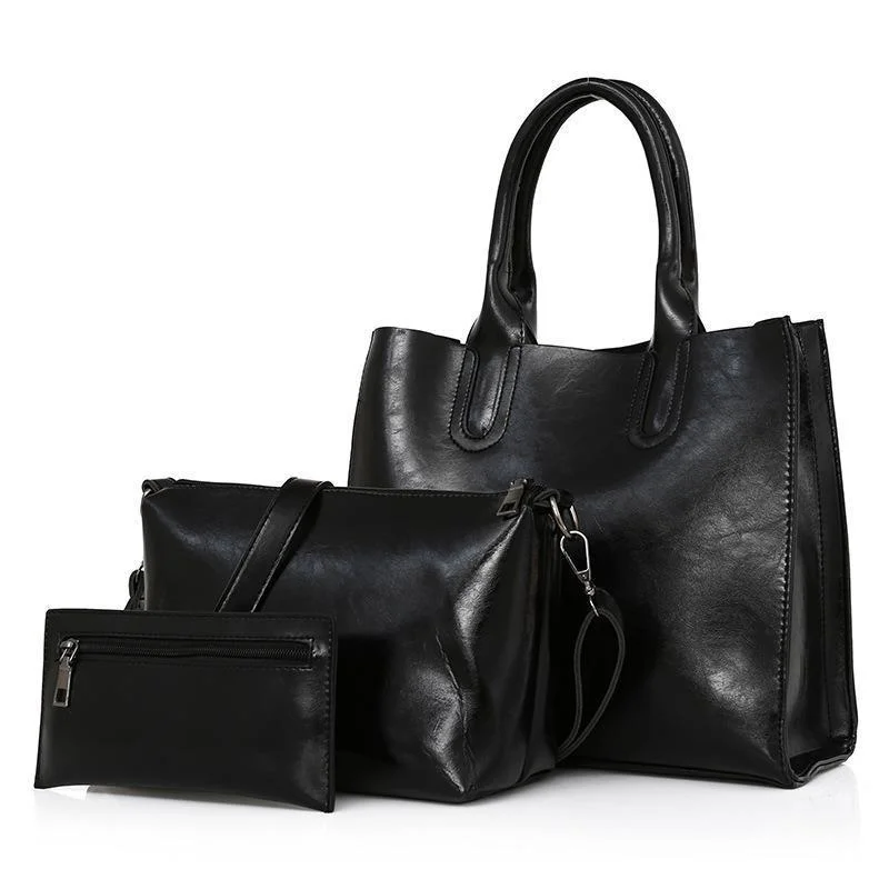 Women's new retro three-piece fashion oil wax leather large-capacity handbag