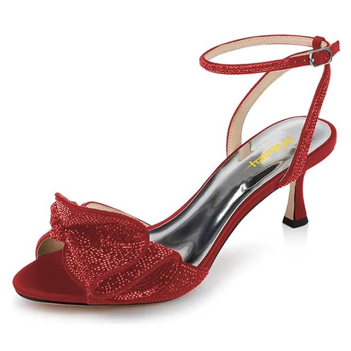 Round Toe Spool Heel Ruffled Rhinestone Strappy Summer Sandals in Red Nicepairs