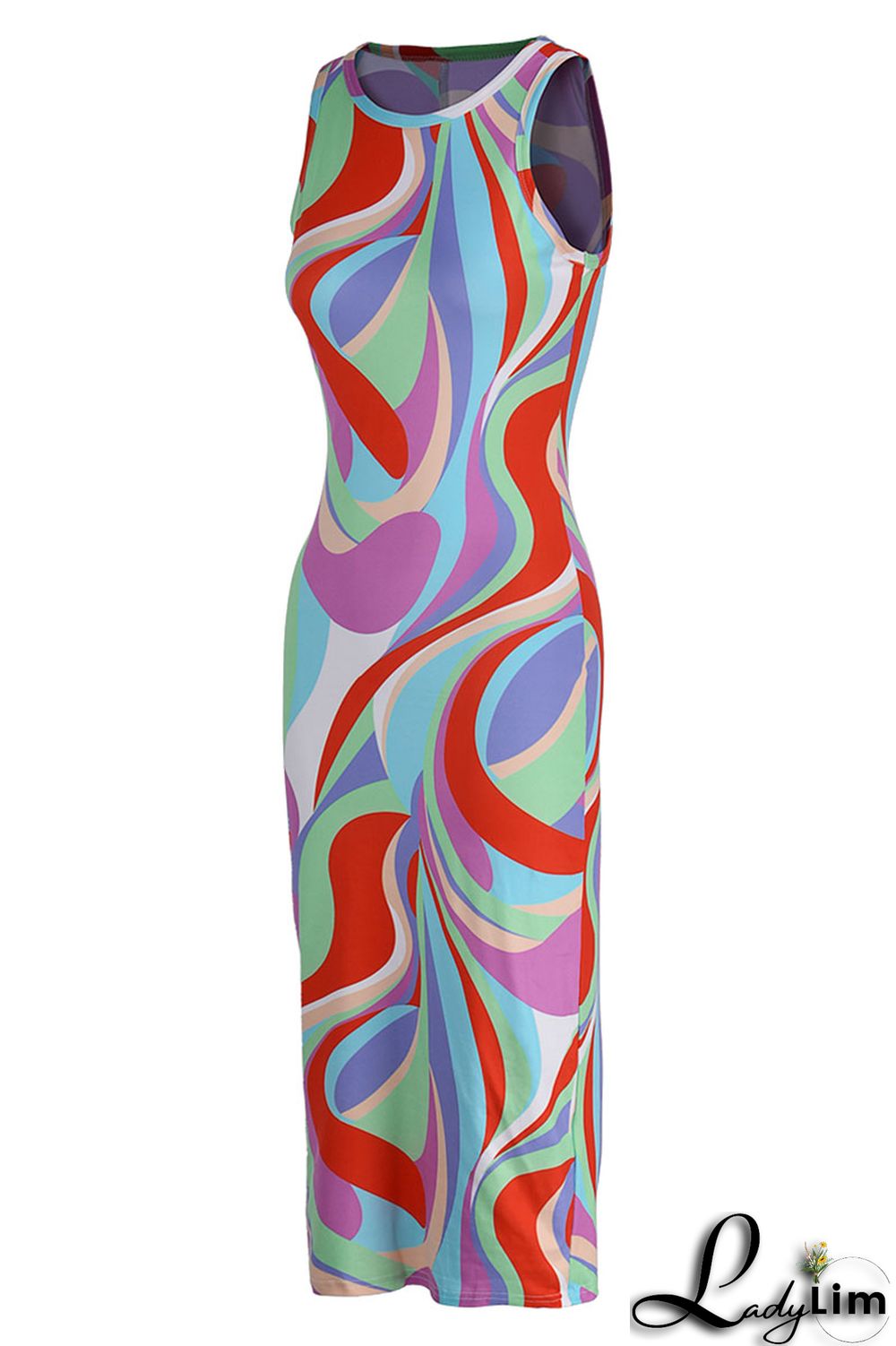 Red Sexy Print Split Joint O Neck One Step Skirt Dresses