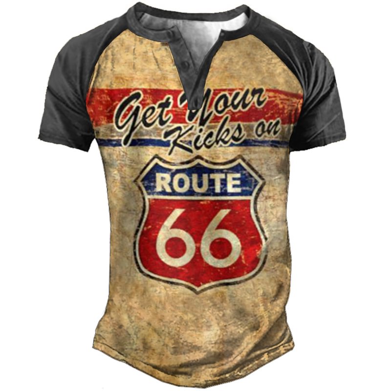 Men's Vintage Route 66 Print Henley Collar Short Sleeve T-Shirt-Compassnice®