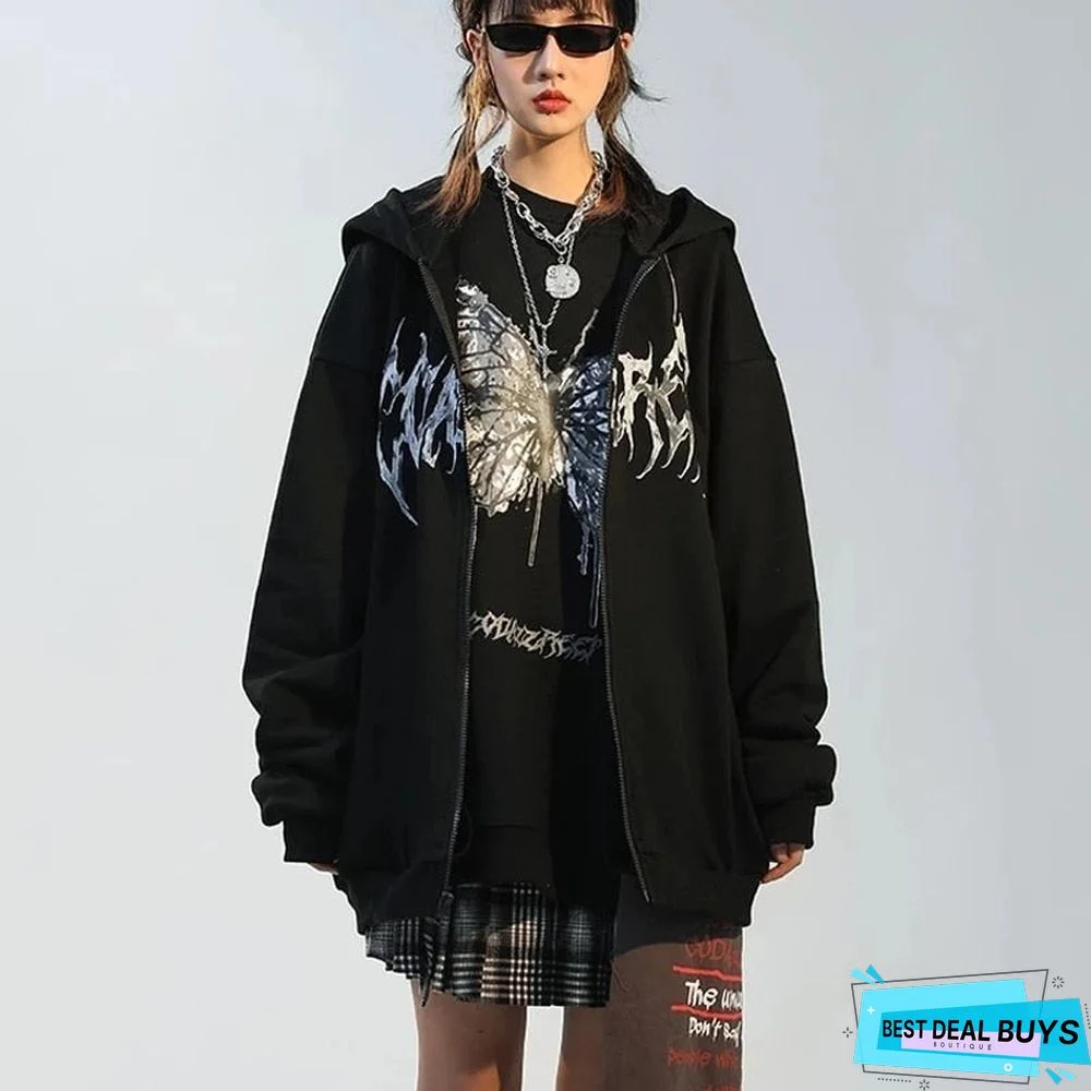 Fashionkova  Women Hip Hop Streetwear Hoodies 2022 Autumn Butterfly Print Oversized Hooded Coat Goth Harajuku Y2k Grunge Punk Zipper Jacket