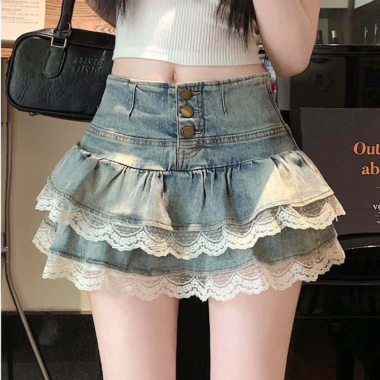 Lace Trim Tiered Denim Mini Skirt