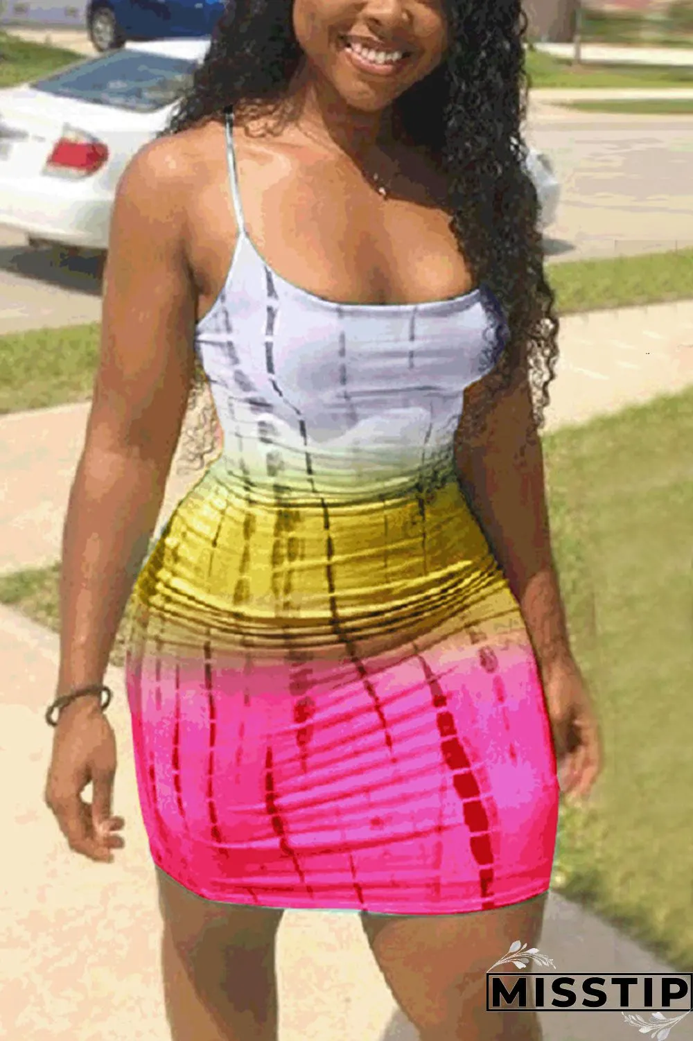 rose red Sexy Fashion Spaghetti Strap Sleeveless Slip Sheath Mini Geometric Rainbow