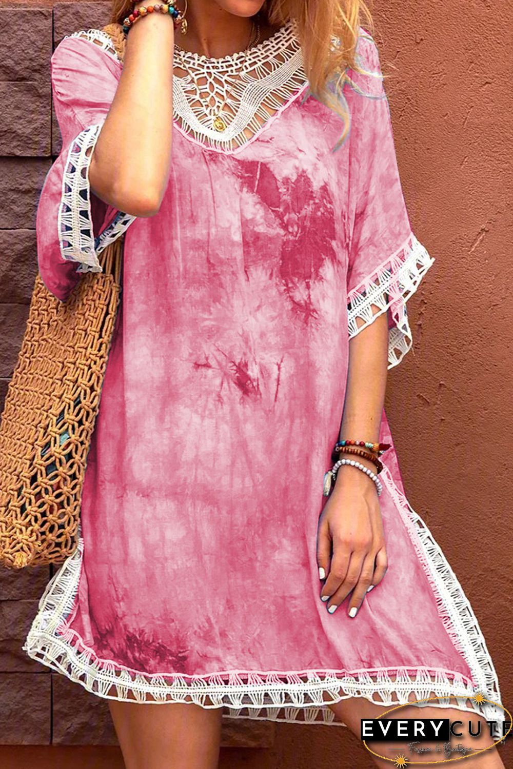 Pink Crochet Tie-dye Beach Dress