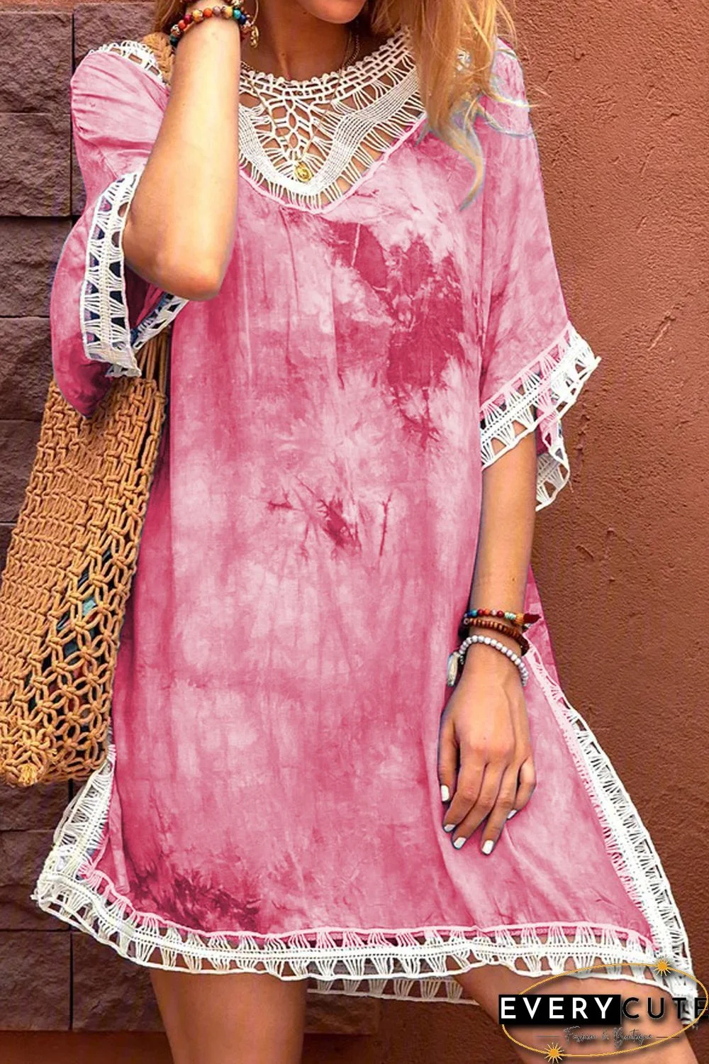 Pink Crochet Tie-dye Beach Dress