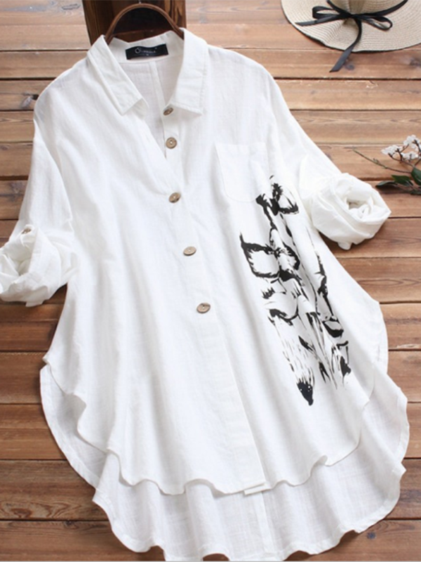 Ladies Cotton Linen Mid-length Irregular Printed Long Sleeve Lapel Large Size Shirt-Mayoulove