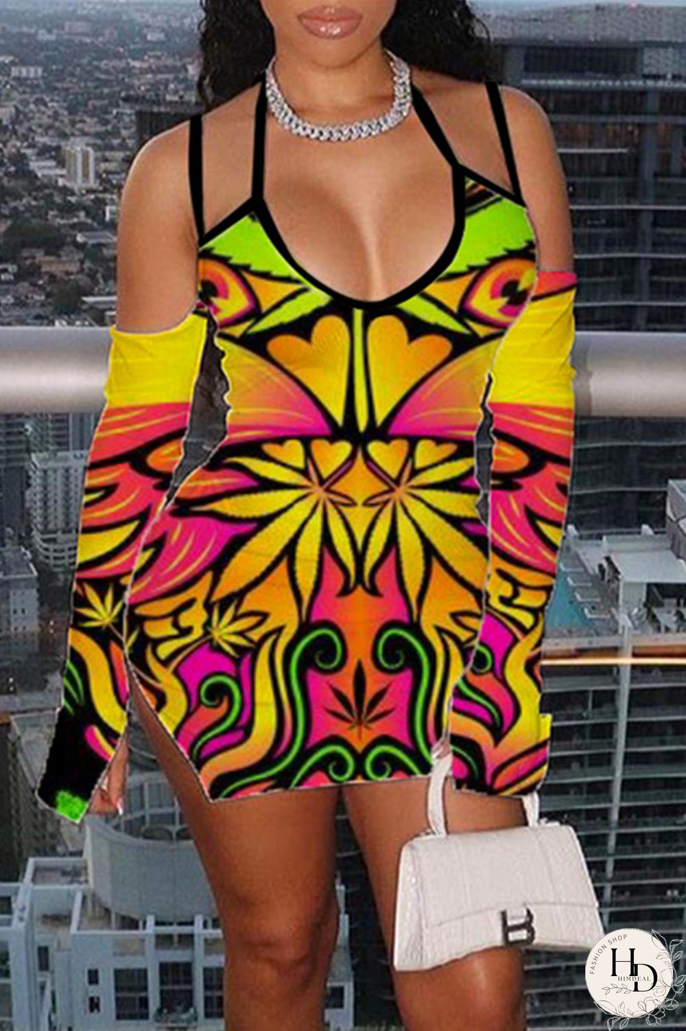 Yellow Fashion Sexy Print Slit Spaghetti Strap Long Sleeve Dresses