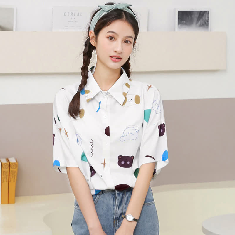 Cartoon Bear Print Lapel Casual T-Shirt