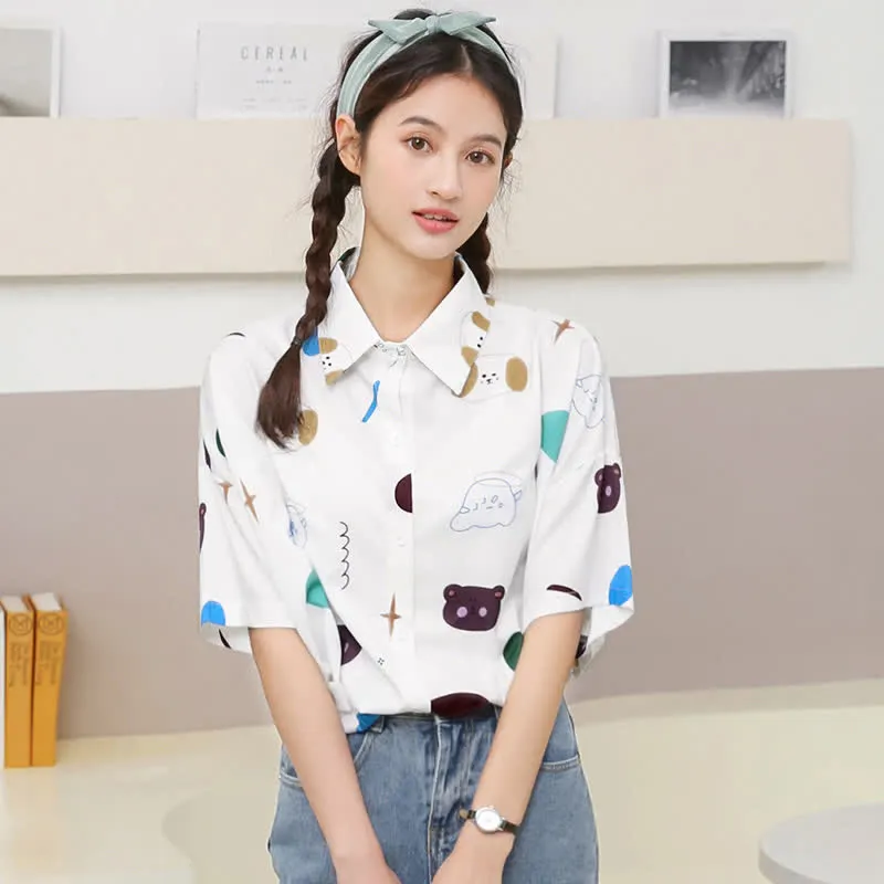 Cartoon Bear Print Lapel Casual T-Shirt