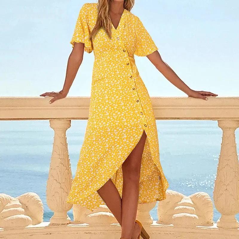 Women's Geometric Irregular Fashion V-neck Short Sleeved Printed Dress
