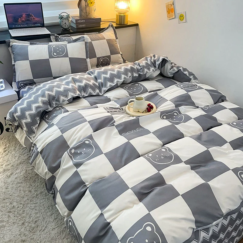 Aonga Fashion Bedding Set Hot Checkerboard Boys Girls Single Double Queen Size Flat Sheet Quilt Duvet Cover Pillowcase Bed Linens aonga