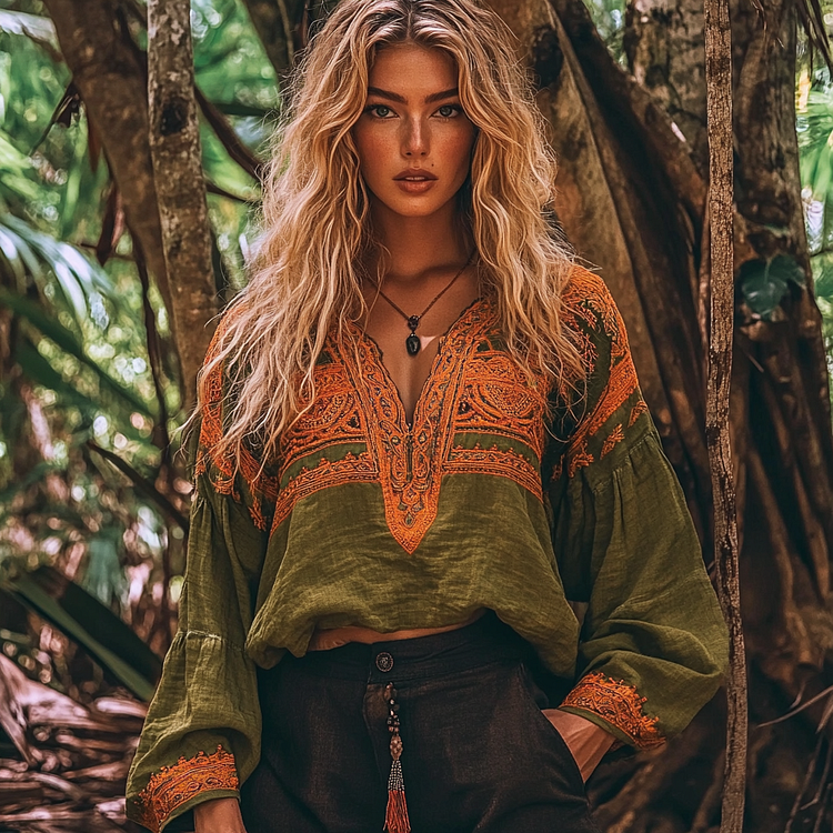 Vintage Embroidered V-neck Linen Blend T-shirt