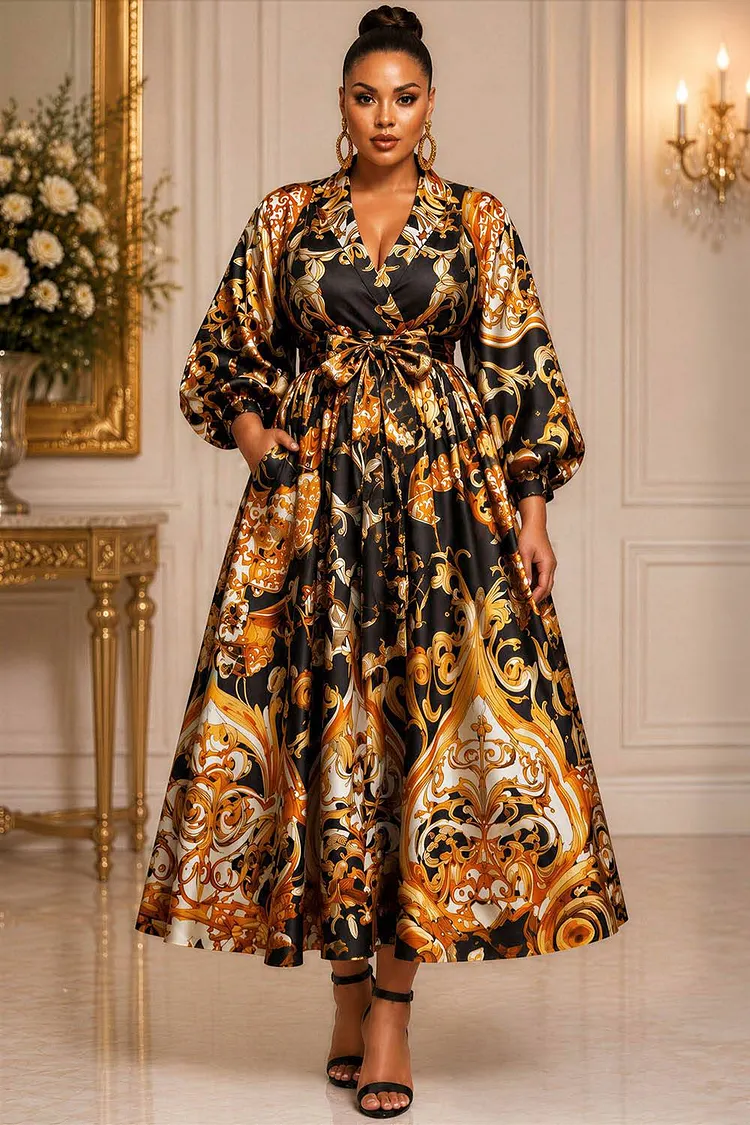 Xpluswear Design Plus Size Business Casual Elegant Gold All Over Print Wrap Neck Long Sleeve Pocket Wrap Satin Midi Dresses [Pre-Order] 2024 - Xpluswear