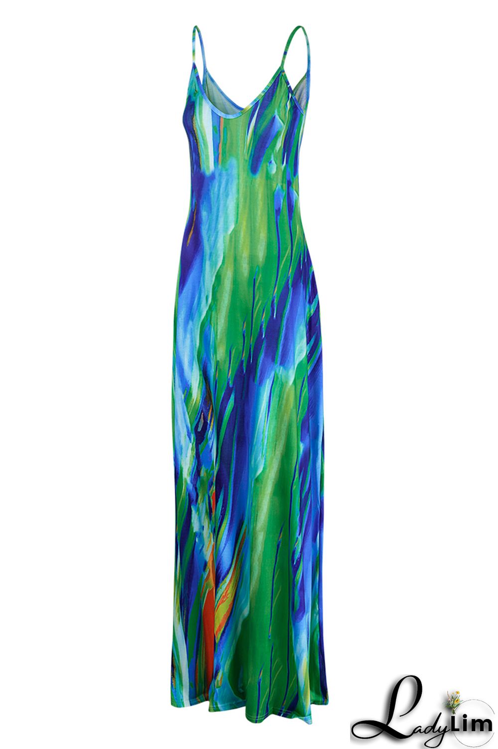 Red Fashion Sexy Print Backless Spaghetti Strap Long Dress