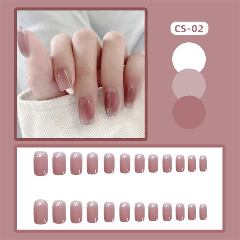 Girls Candy Pink Color False Nails Women Nature Nude Jelly Fake Nail Short Round Head Full Cover Nail Art Tips With Glue 24pcs-Nail Inspo