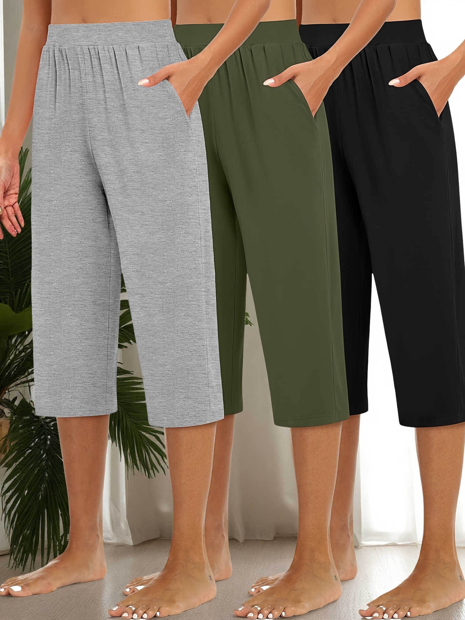 Women's 3pcs Capri Pants, Loose Cropped Joggers For Yoga & Lounge, Soft & Comfortable With Pockets, Solid Color | IFYHOME