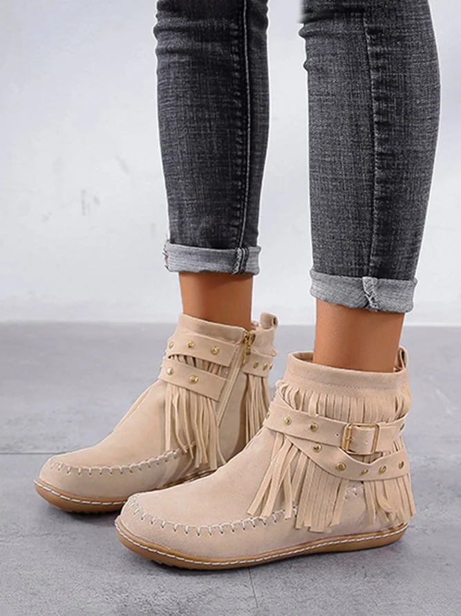 Fringe Studded Flat Round Toe Buckle Booties  Stunahome.com