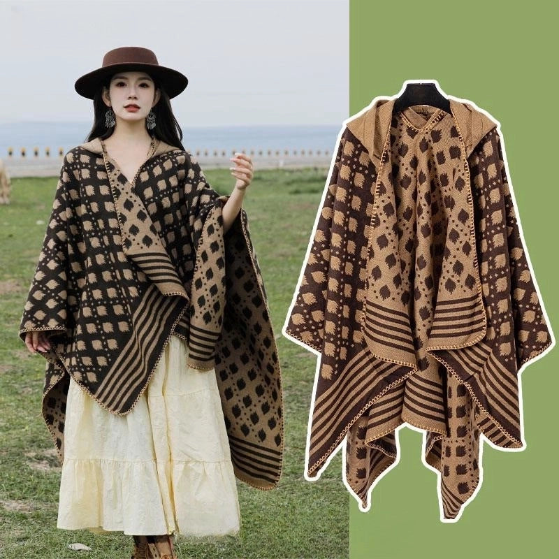 Ethnic Style Hooded Cape Women’s Yunnan Tibet Western Sichuan Grassland Bohemia Travel Wear Scarf Coat