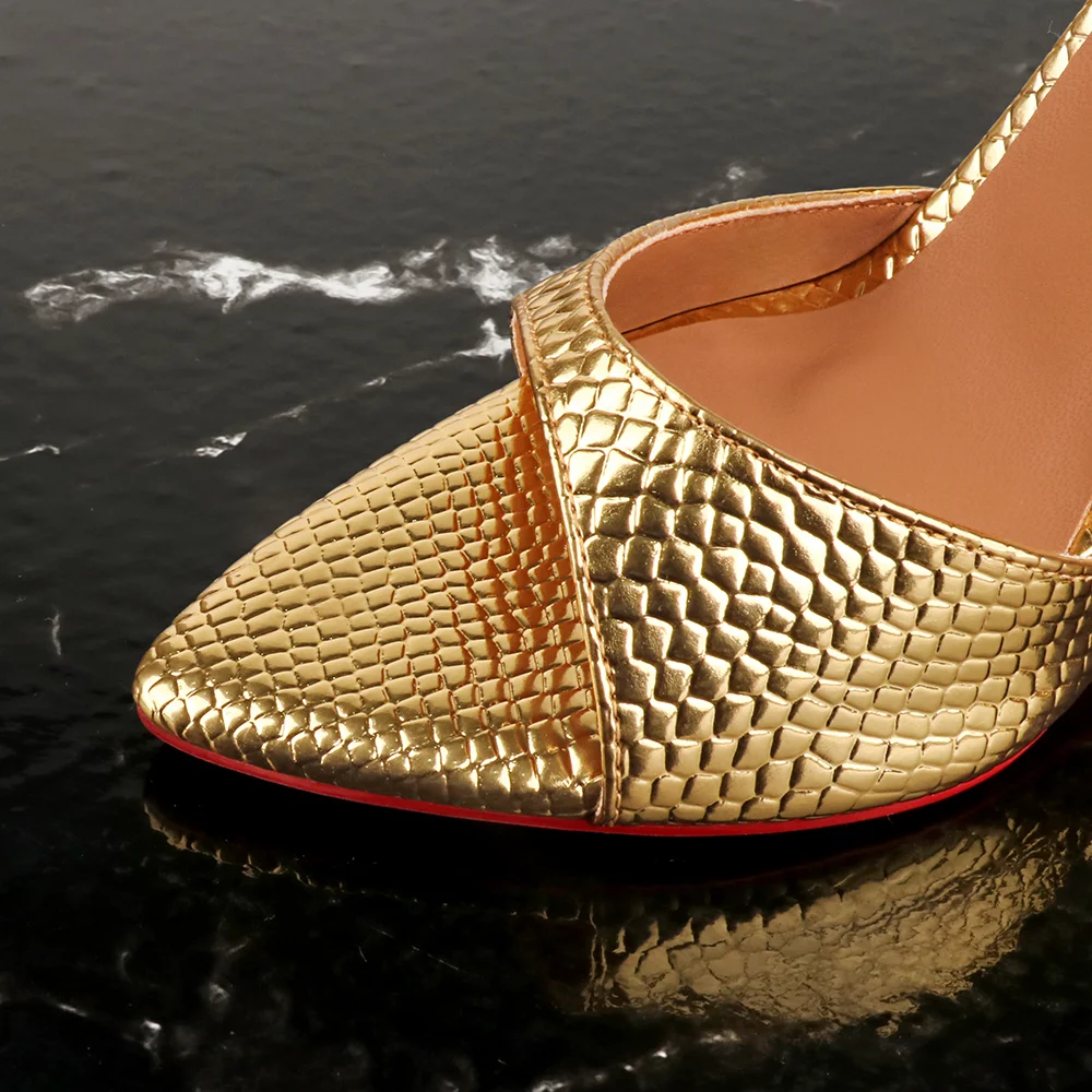 120mm/4.72 Inch Women's Sandals Pointed Toe Gold Snakeskin Mules High Heels Slip on Red Bottom Party Stilettos