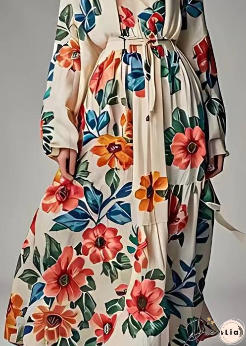 Original Design Khaki V Neck Print High Waist Cotton Dress Fall