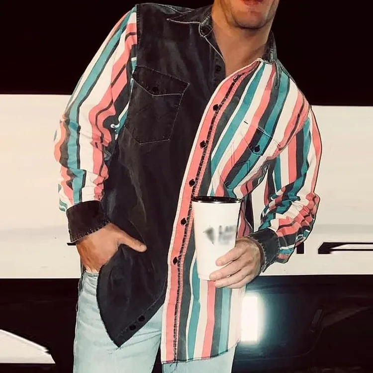 Men's Retro Color Block Printed Loose Long Sleeve Shirt