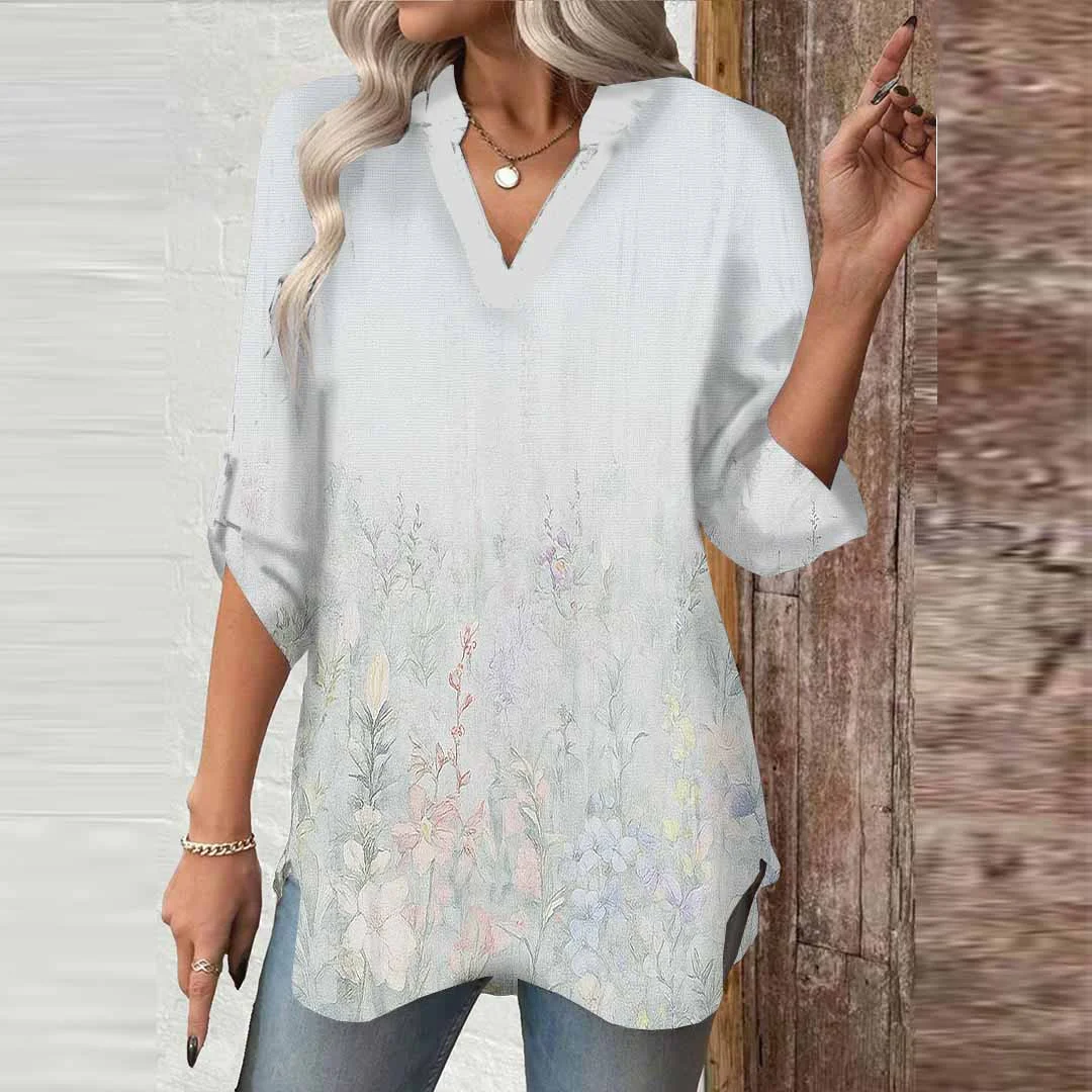 Women Floral, Blue DZGA0599 3/4 Sleeve V-neck Printed Graphic Button Tops
