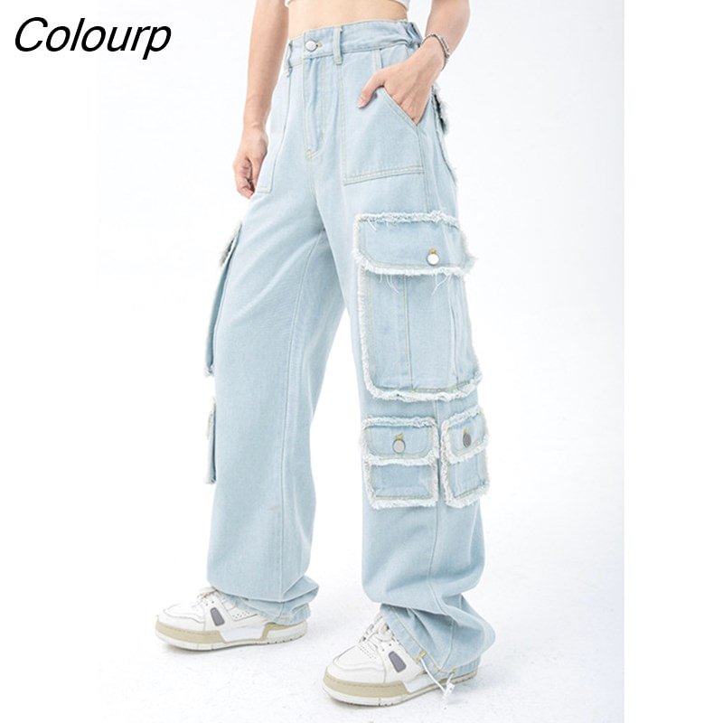 Colourp Women's Straight Cargo Jeans High Waist American Streetwear Vintage Pants Chic Design Casual Ladies Denim Wide Leg Trouser