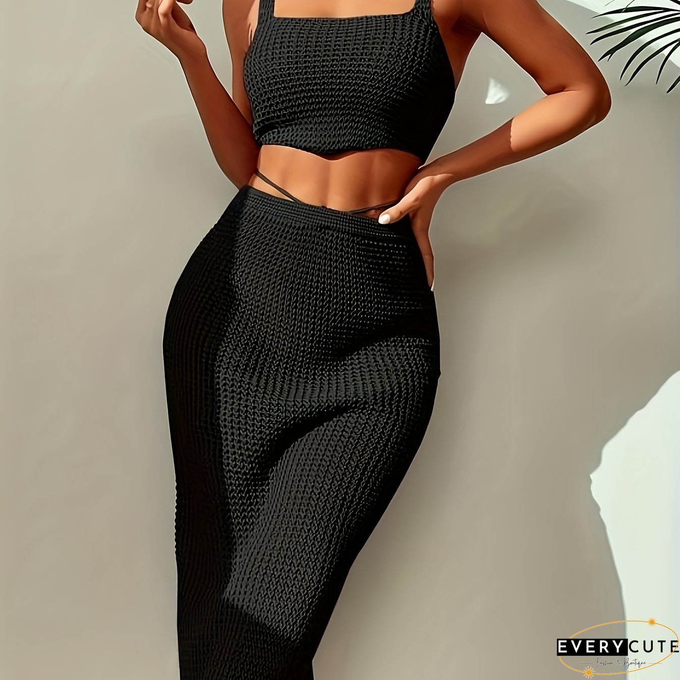 Waffle Print Solid Casual Two-piece Set Cropped Sleeveless Tank Top Drawstring Bodycon