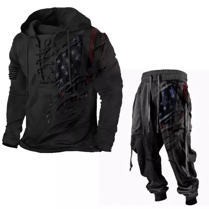 Men's Hooded Lace Up American Flag Graphic Print Sweatshirt Elastic Pants Two Piece Set