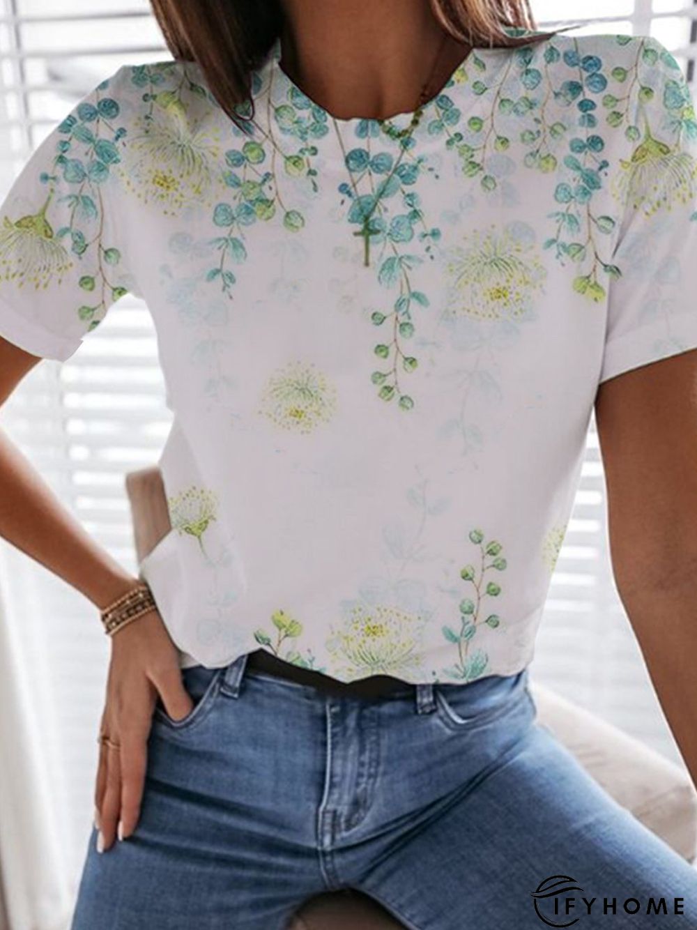 Floral Short Sleeve Printed Cotton-blend Crew Neck Casual Summer White Top | IFYHOME