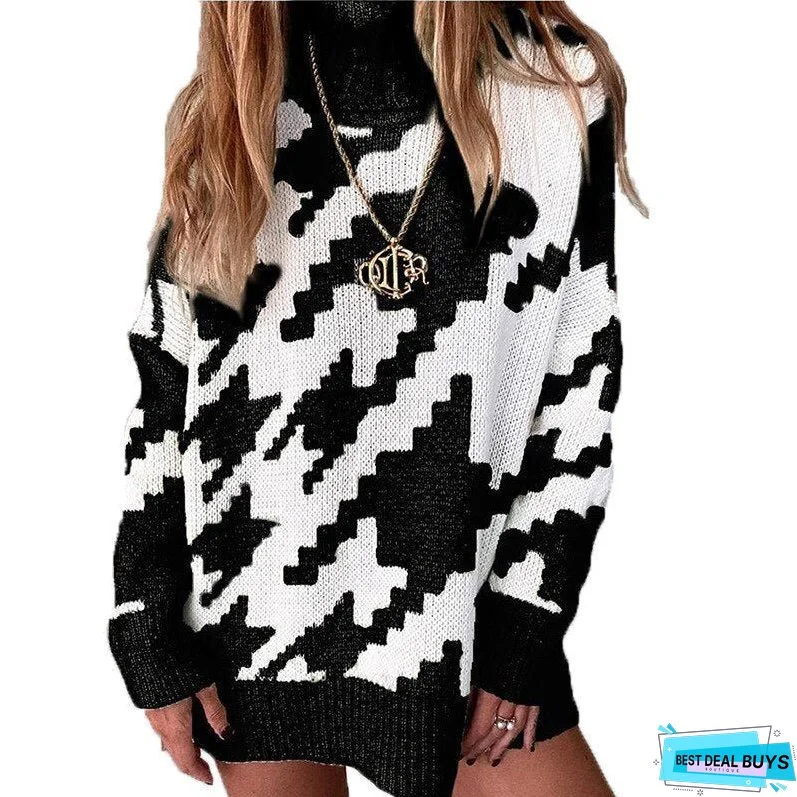 Thanksgiving Gift Autumn And Winter New Knitting Color Contrast Turtleneck Loose Women's Long Sleeve Sweater Casual All-Match Ladies Sweaters