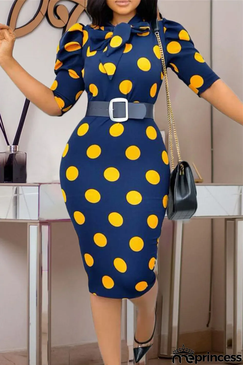 Yellow Fashion Casual Dot Print With Belt O Neck Pencil Skirt Dresses