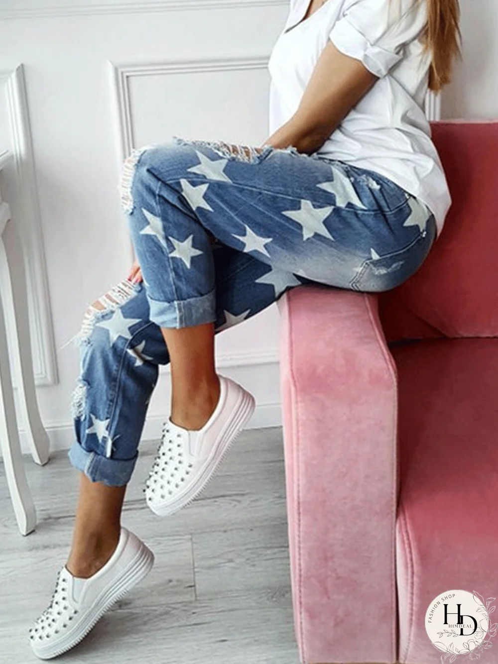 Casual Plus Size Star Ripped Distressed Denim Jeans Jeans