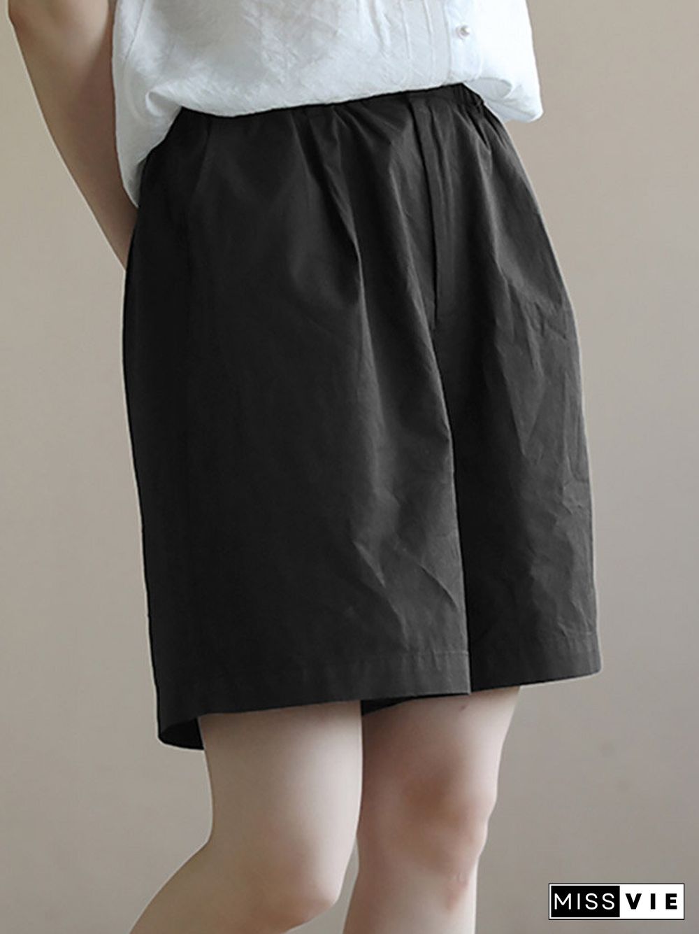 Solid Pocket Elastic Waist Wide Leg Casual Shorts