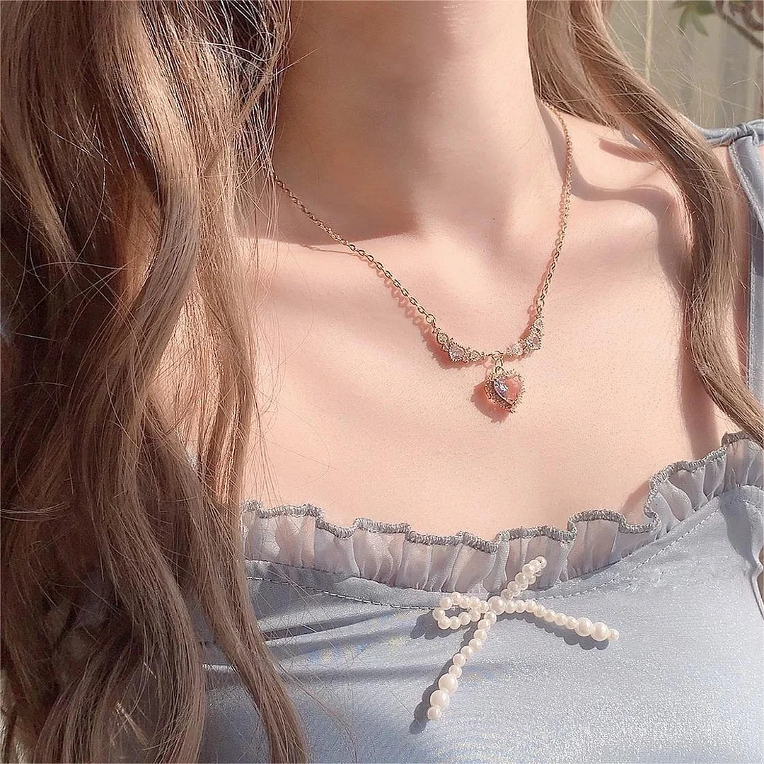 Sweet Pink Crystal Heart Pendant Necklace